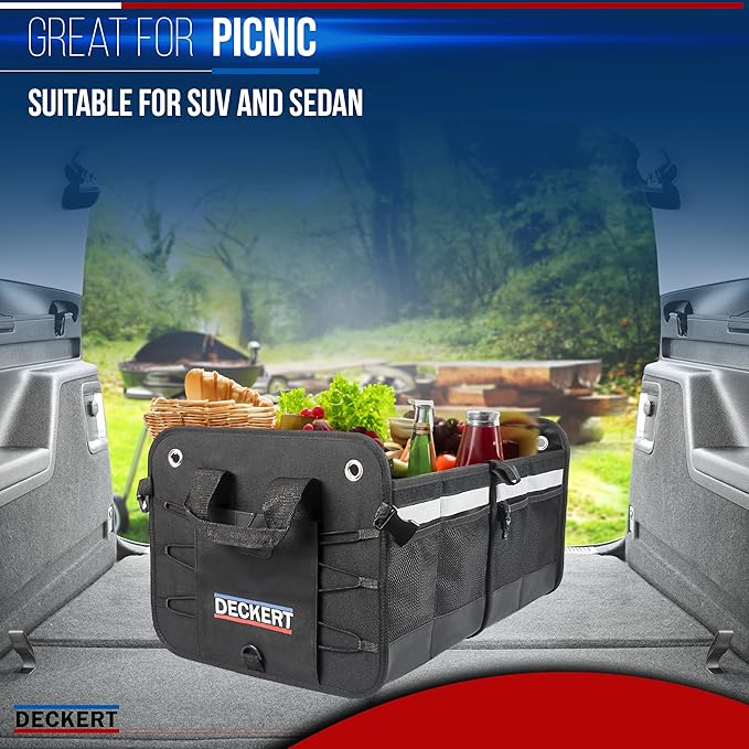 Deckert Car SUV Trunk Organizer, 600D Oxford Polyester, Collapsible, Multi compartments, Securing straps, Suitable for any car type, Black with Reflective Stripes