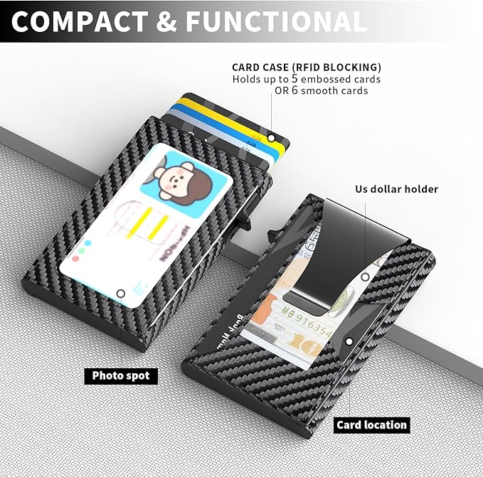 Wallet for Men Slim Minimalist Pop-up Smart Holds 5-6 Cards - RFID Blocking Metal with Money Clip, Credit Card Holder & ID Window,Business Card Cases men accessories(Carbon)