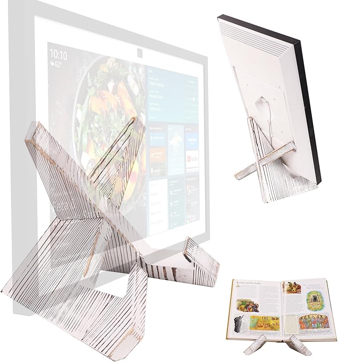 Solid Wood Tabletop Stand for Calenda, ech0 Show 15,ech0 Show 21,ipad,Cookbook,Support Both Horizontal and Vertical Modes. (White)