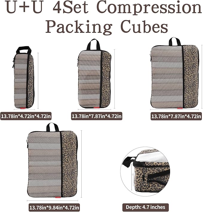 U+U 4 Set Compression Packing Cubes - Ultralight Travel Organizers, Space-Saving Suitcase Organizer, Expandable Packing Cubes for Travel, Business Trip and Family Vacation (Leopard)