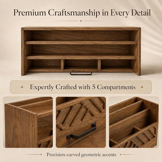 BLU MONACO | Wooden Mail Organizer with Drawer and Compartments | Mail Sorter Organizer Countertop for Desk Entryway | Outgoing Mail Holder Wood Desktop File Storage