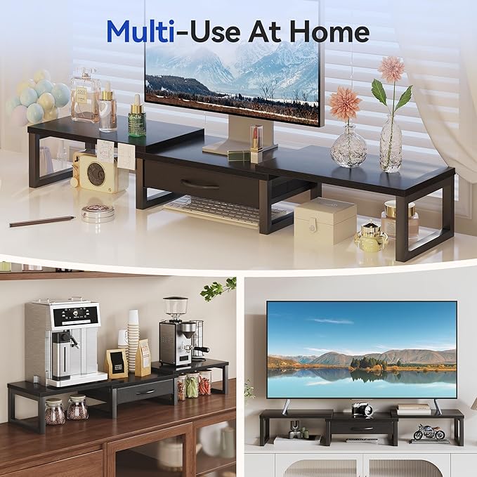 Dual Monitor Stand Riser, Desk Organizers and Accessories with Drawer, Computer Monitor Stands for Desk, Adjustable Desktop Shelf for PC Laptop Printer TV, Black
