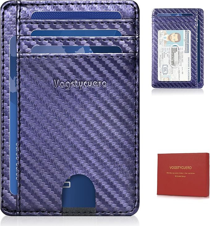 Front pocket thin wallet for Men Women RFID Blocking Credit Card Holder Card Cases Slim Minimalist wallet with Gift Box (1, Carbon Fiber Blue)