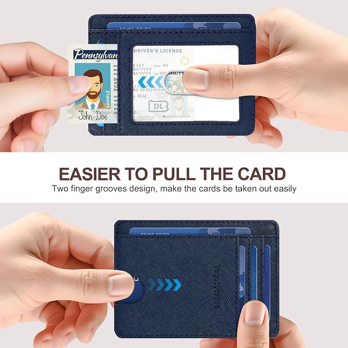 Slim Minimalist Front Pocket Thin Wallet RFID Blocking 100% Genuine Leather Credit Card Holder for men Women, with Gift Box-Cross Blue