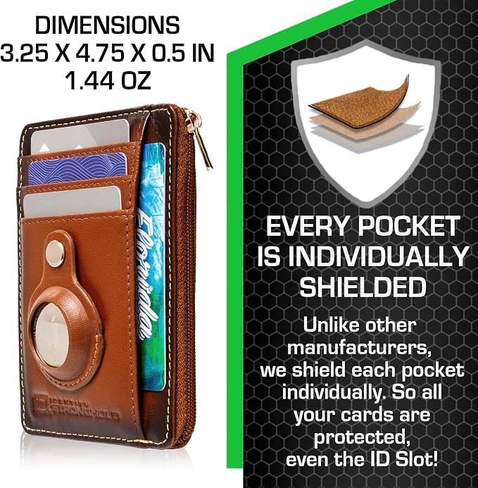 ID Stronghold RFID Blocking Front Pocket Wallet – Slim Minimalist Genuine Leather Wallet with Zipper Coin Pocket (Airtag Antiqued Brown)