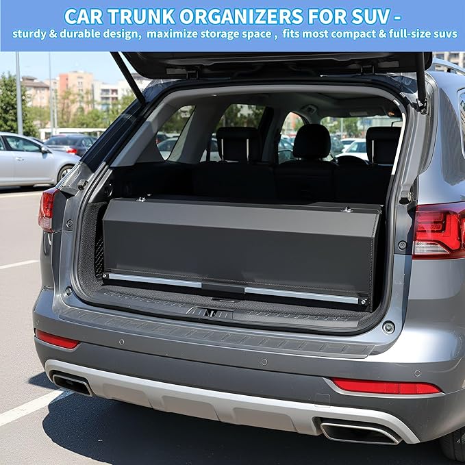 Car Trunk Organizer, Waterproof SUV Organizer Trunk Storage with Lid & Handle, Extra Large Leather Callapsible Cargo Organizers, Durable Car Storage Box for Ford Jeep (40.5''*11.4''*12.2'')