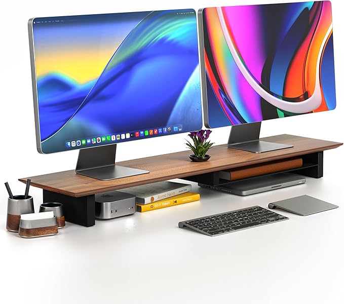 COREMINDED Solid Wood Dual Monitor Stand Riser ??43" Walnut Desk Shelf for 2 Monitors with Tray & Wool Felt, Organizer for Desktop, Laptop and Office (Walnut)