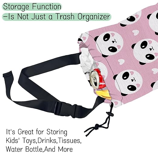 Lovely Panda Car Garbage Bag,Hearts Waterproof Small Car Trash Bag Hanging Back of Seat,Drawstring Hanging Car Trash Bag with Adjustable Buckle for Car Accessories
