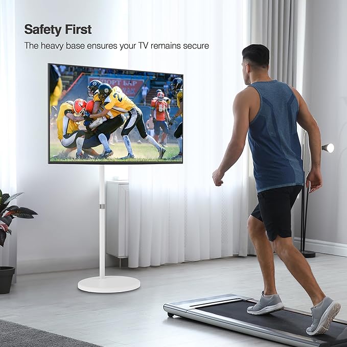 AVLT Single 17 to 43 Inch Portable Monitor Arm TV Rolling Stand with Heavy Base for Screens Up to 22 lbs, Mechanical Spring Height Adjustment, Screen Rotation, Mobile Low Profile Caster Wheel, White