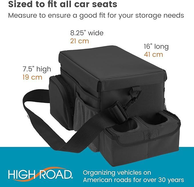 High Road CarHop Car Caddy Organizer with Road Trip Cooler, Car Cup Holder Bin, Sturdy Snack and Play Lid and 6 Organization and Storage Pockets, Black