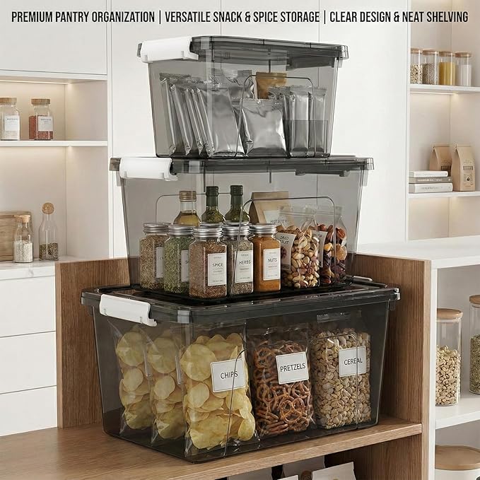 Plastic Storage Bins with Lids, 3 Pack Mixed Sizes (22 Qt, 16 Qt, 7 Qt) Clear Black Stackable Organizer Boxes with Latches for Closet, Pantry, Garage, Bathroom, Office
