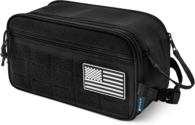 PAVILIA Tactical Toiletry Bag for Men, Water Resistant Molle Military Dopp Kit, Travel Hygiene Organizer with Wet Dry Storage for Shaving, Grooming, Gym and Camping, Black