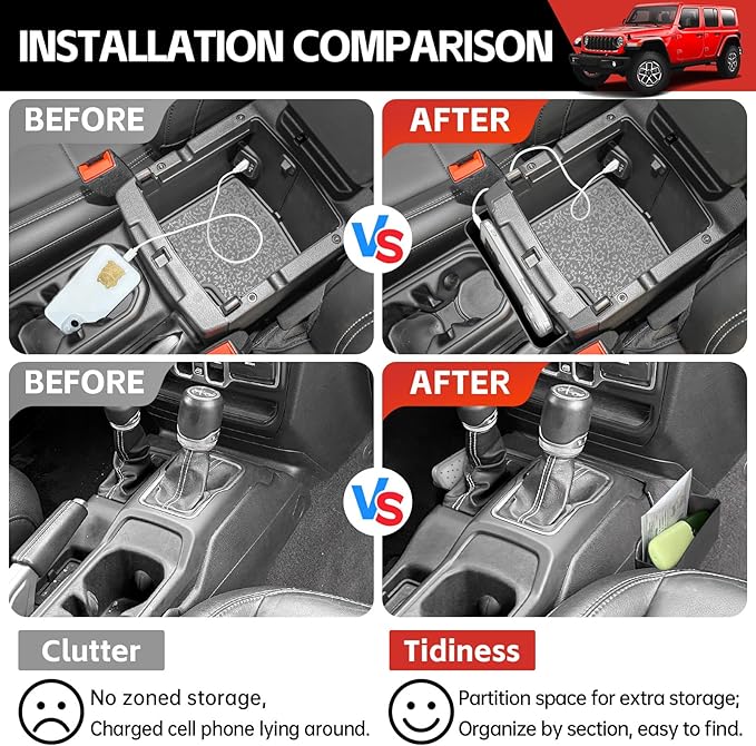 Center Console Gear Shift Organizer Fit for 2018-2025 Jeep Wrangler JL JLU 4XE/Gladiator JT Center Console Hanging Storage Tray for Wrangler&Gladiator Accessories(Hanging+Shifter Organizer)