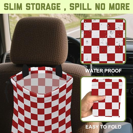 Car Garbage Bag Red White Checkered Drawstring Car Trash Bag Hanging for Back Seat with Adjustable Buckle Canvas Vehicle Trash Can Easy-to-Install for Car Accessories Vehicle Travelling Camping