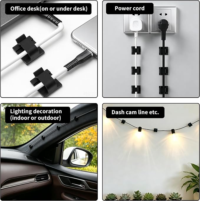 30 Pack Adhesive Cable Clips for Cord Management, Small Wire Holders for Desk Wall Car, Strong Sticky Cable Organizer for Phone Charger, USB, TV, Ethernet & More (30, Black)