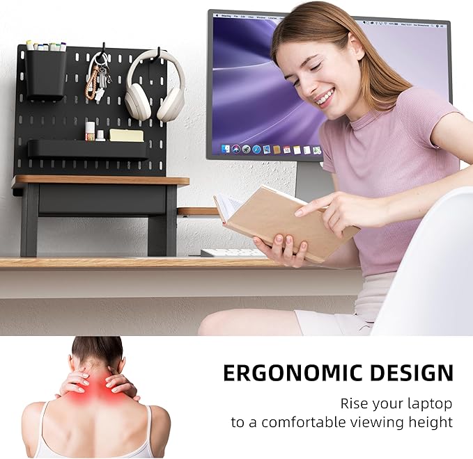 AFOOYO Monitor Stand Riser,Computer Monitor Stand with DIY Pegboard and drawer for Laptop,PC,Computer,Printer,Walnut Finish