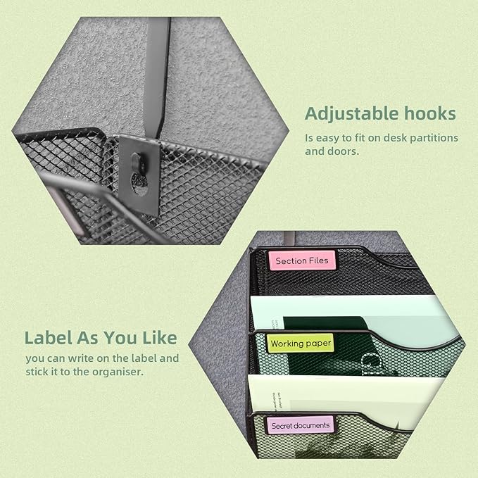 6-Tier Mesh Wall File Holder Organizer with Bottom Flat Tray, Vertical Hanging File Organizer, Office Hanging File Folder Magazine Rack, Nametag Label Hooks Set Included, Black