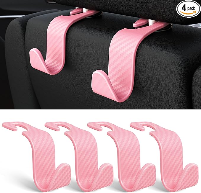 Amooca Car Seat Headrest Hook 4 Pack Hanger Universal Vehicle Car Storage Organizer for Handbag Purse Coat S Type Checkered Pink