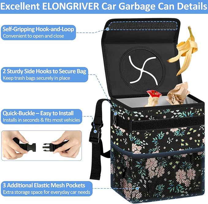 ELONGRIVER Car Trash Can Bin for Back Seat Leak Proof, Cute Car Trash Bag Hanging, Vehicle Trash Can for SUV Truck Van, Automotive Garbage Cans Front Seat Colorful Floral