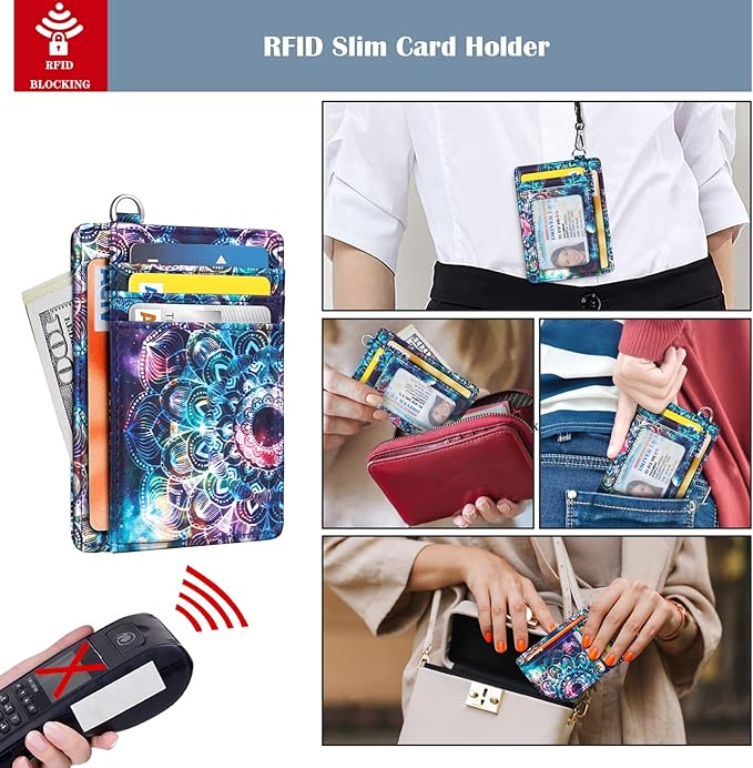 Coco Rossi Slim Front Pocket Wallet RFID ID Card Holder Cute Small Wallet with Wrist Lanyards Key Chain Holder for Women,Lace Nebula