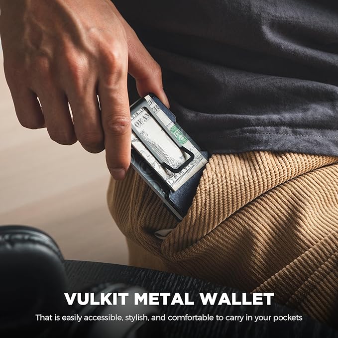 VULKIT Men's Metal Wallet with Money Clip Slim Credit Card Holder, Minimalist Business Card Case Front Pocket Wallet for Men(Retro Navy)