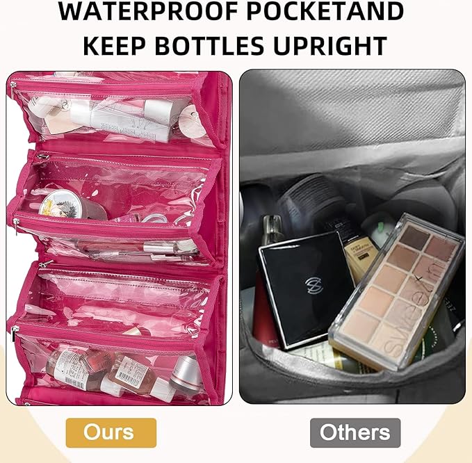ROYALFAIR Roll Up Makeup Bag, Waterproof Toiletry Bag for Women, Hanging Travel Organizer bags with Jewelry Organizer Compartment, Extra Large 4 Clear TSA Approved Pouches Cosmetic Makeup (pink)