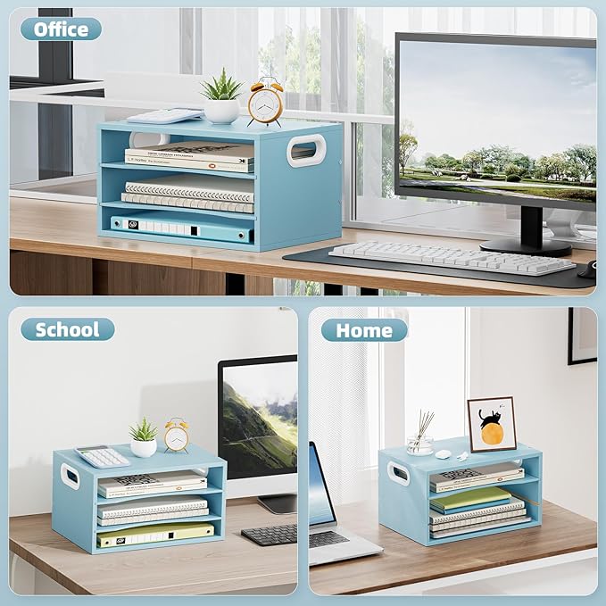 Marbrasse 3-Tier Wood Desk Organizer, Paper Letter Tray Organizer for Desk, Wooden Desktop File Organizer with Handle and Paper Sorter Mail Holder for Office School & Home Supplies Organization-Blue