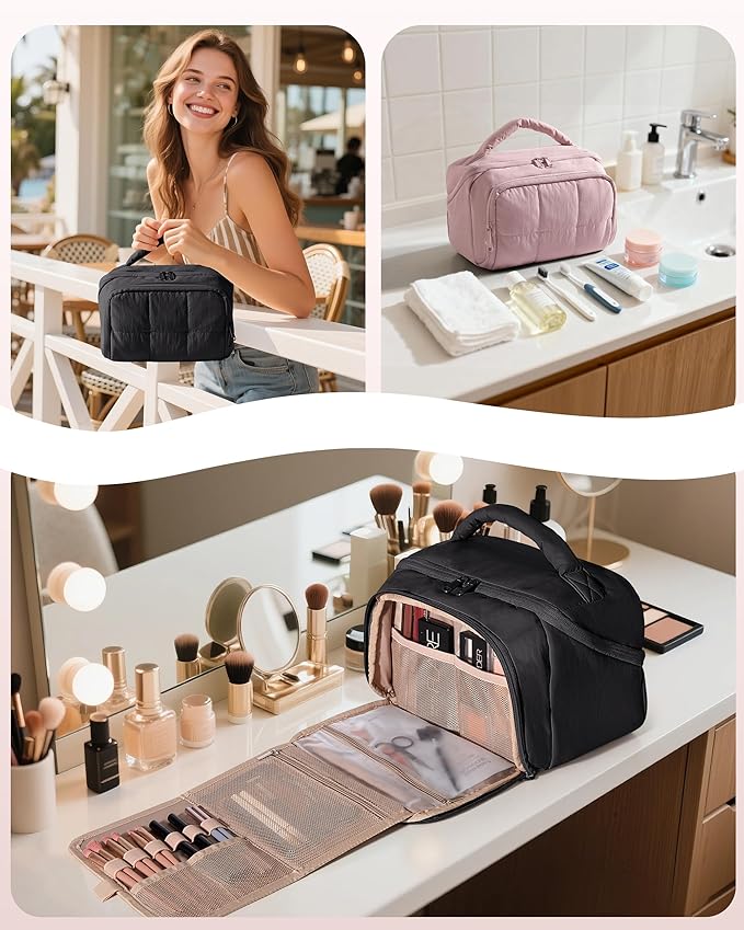 Marscamd Travel Makeup Bag for Women, Toiletry Organizer with Waterproof Pockets, Puffy Cosmetics Pouch for Makeup Brushes, Skincare & Travel Essentials, Black (Bag only)