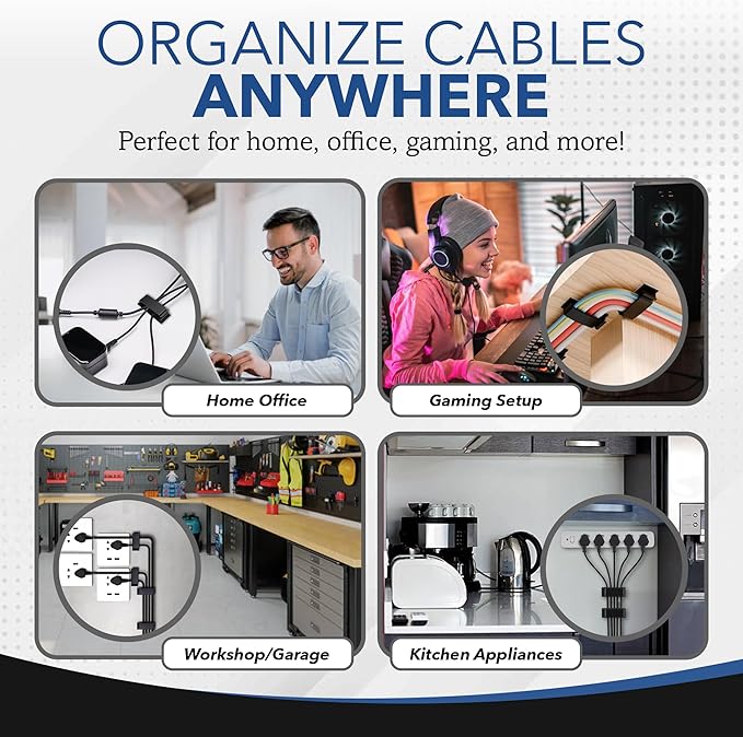 100 PCS Self Adhesive Cable Clips, Wire Organizer, Cable Management, Cord Organizer for Desk, Wall, PC, Car, Home, Office, USB, Ethernet, Power Cords, Black (Small)