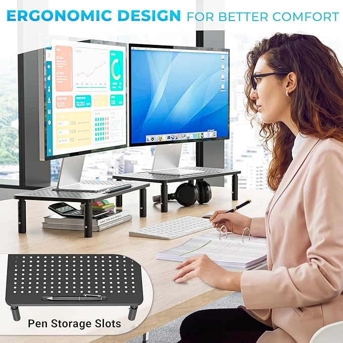 BONTEC Monitor Stand 2 Pack Height Adjustable Metal Riser with Pen Holder, Black, 14.5??x 9.1?? Ergonomic Desktop Stand for Computer, Printer, Laptop, Adjustable Desk Riser with Cable Management