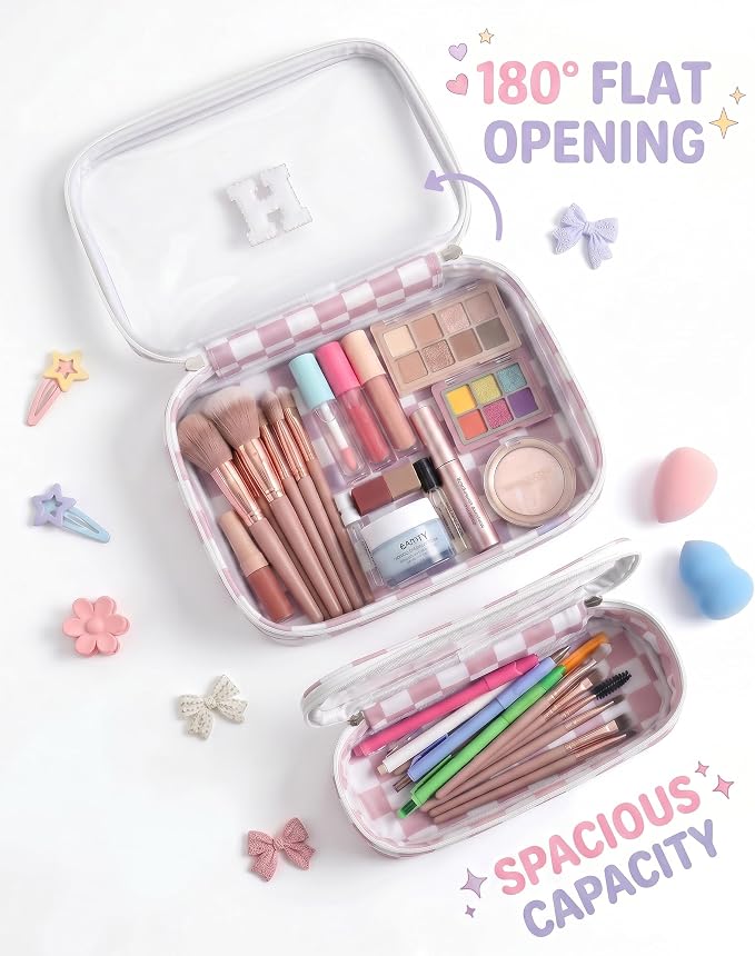 LETGO Checkered Sunscreen Bag Clear Makeup Toiletry Pouch Beach Vacation Essentials for Women Teen Girls Trip Gifts Summer Pool Travel Must Have Accessories Waterproof Stuff(K,Pink&Beige)