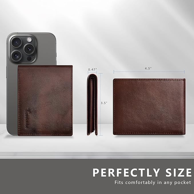 Travelambo Genuine Leather Wallet for Men with Gift Box - Handmade Bifold Stylish - Mens Wallets Rfid Blocking with 2 ID Windows