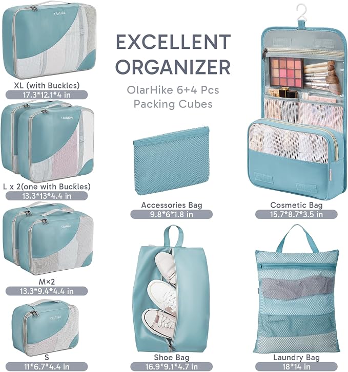 OlarHike 10 Set Packing Cubes for Travel, Gifts for Women Mom,Anti-Tearing Suitcase Organizer with Over 1000 pcs Mesh Holes,Vacation Essentials & Accessories for Cruise Ship