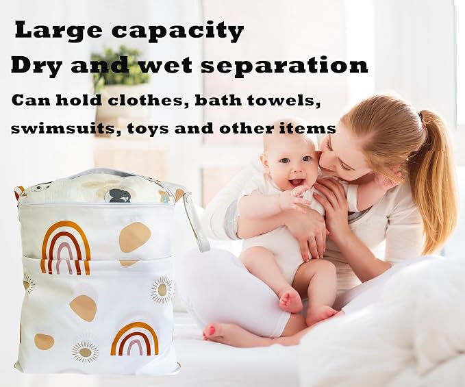 Wet Dry Bag for Cloth Diapers, 2PCS Waterproof Reusable Wet Bag with Zippered Pockets, Washable, Reusable for Travel, Beach, Pool, Stroller, Diapers, Dirty Gym Clothes, Swimsuits, 14x12In & 12x11In