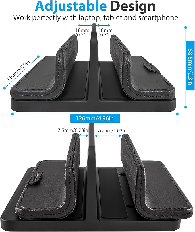 Dual Vertical Laptop Stand, 3 in 1 Upright Desktop Stand Holder with Adjustable Dock (Up to 17.3''), Leather Laptop Rack Storage Desk Organizer for Phone, Tablet, MacBook/HP/Dell/Chrome Book (Black)