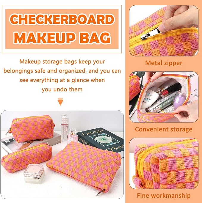 3 Pcs Makeup Bag Checkered Cosmetic Bag Large Capacity Traveling Toiletry Pounch Organizer Cute Makeup Brushes Aesthetic Accessories Storage Bag for Girls Women(Orange-Purple)