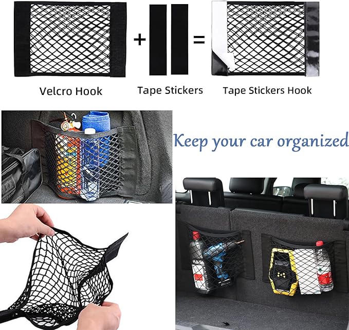ZMD 2Pcs Universal Mesh Cargo Net with Adhesive Tape, 9.8x15.7in Small Cargo Car Storage Net RV Storage Netting Mesh Pocket Net Wall Sticker Organizer for Car Rv Trunk Boat (Black)