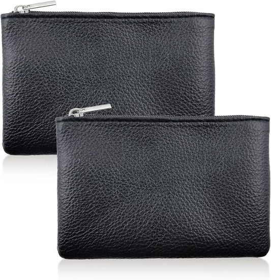 2 Pcs Leather Coin Purse Pouch for Men Women, Small Change Purse with Zipper Small Change Purse for women Mini Coin Pouch for Women Small Pouch for Purse Small Coin Bag Change Purse for Coins (Black)