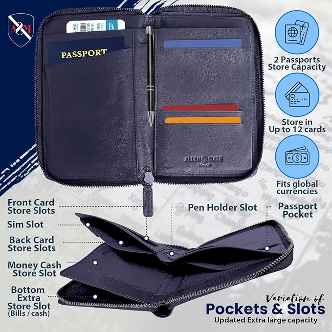 ALLEN & MATE 100% Leather Passport Holder for Travel RFID Blocking Passport Wallet for Men & Women - Zippered Compact Travel Document Organizer Fits Passport, Cash, Cards, SIM, ID and Tickets