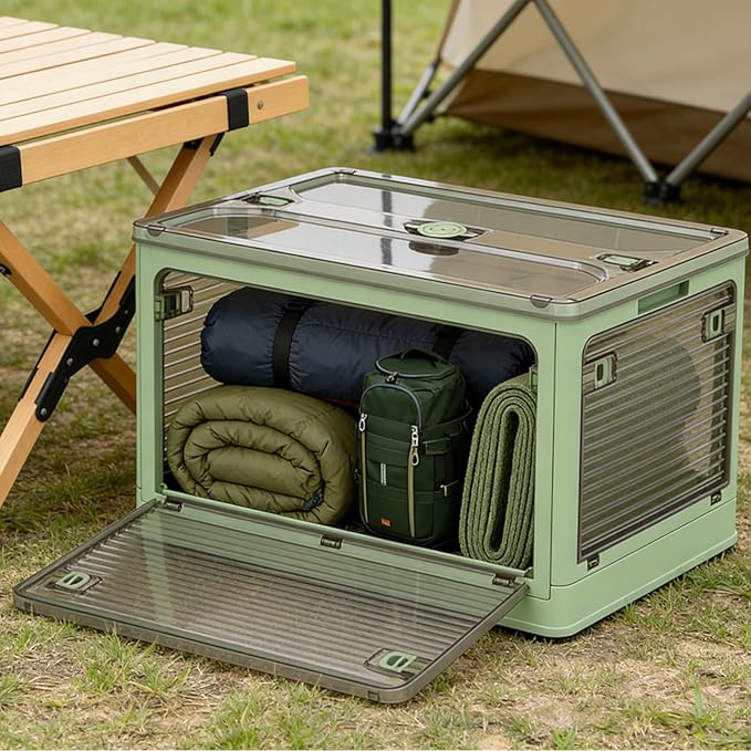 【5-Side Opening & 4 Rolling Casters】Storage Bins with Lids，Portable Foldable Storage Box ，Plastic Stackable Storage Bin for Snacks, Camping，Tools, Closet Organizer (Green)