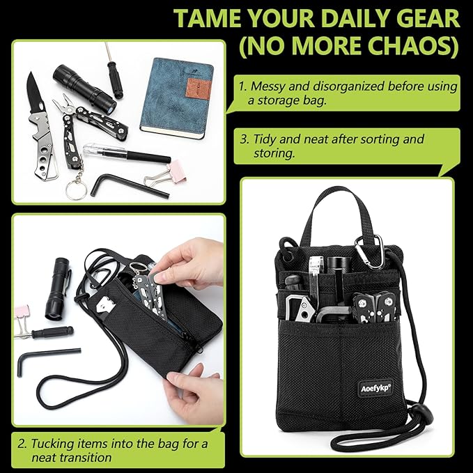 Pocket Organizer, EDC Pouch for Men, Removable Adjustable EDC Bag, Durable Compact Small Tool Pouch Holds Your Flashlight, Pocket Knife, Pen, Notebook, Multitool and EDC Gear