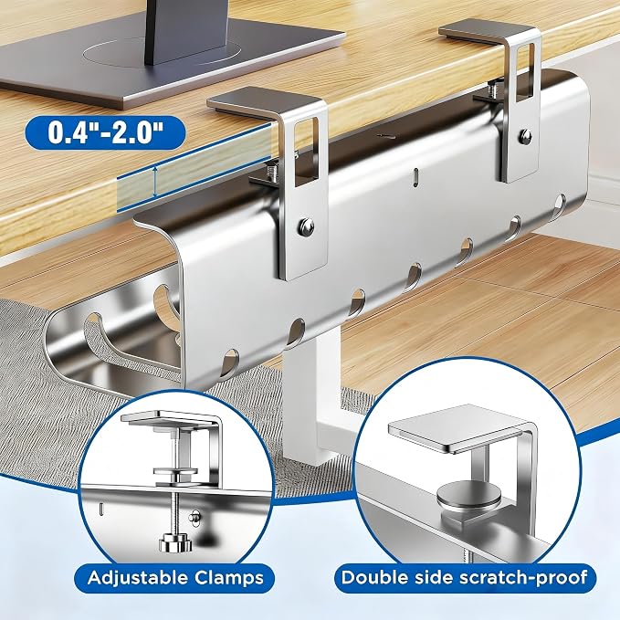 2 Pack No-Drill Under Desk Cable Management Tray 33.8 inch Large Wire Cord Organizers, Cable Management Under Desk for Home and Office No Damage Silver