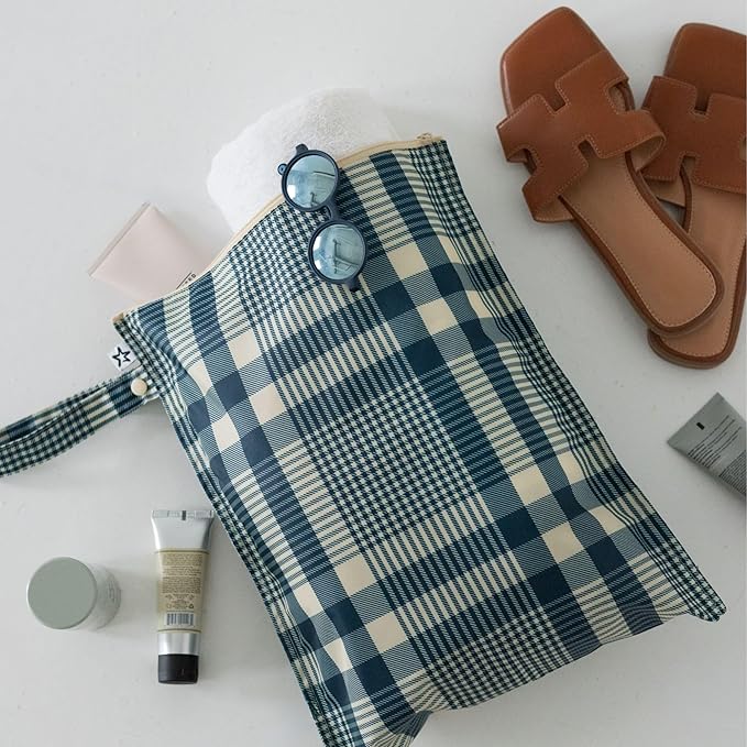 Tiny Twinkle Mess Proof Wet Bags | 2-Pack Reusable Waterproof Wet Bags for Swimsuits | Baby Clothes | Travel & Diaper Bag (Gingham,Grid)