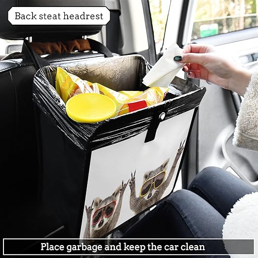 Funny Raccoons Sunglasses Animal Car Trash Can, Foldable Hanging Car Trash Bag, Small Waterproof Car Accessories Garbage Bin