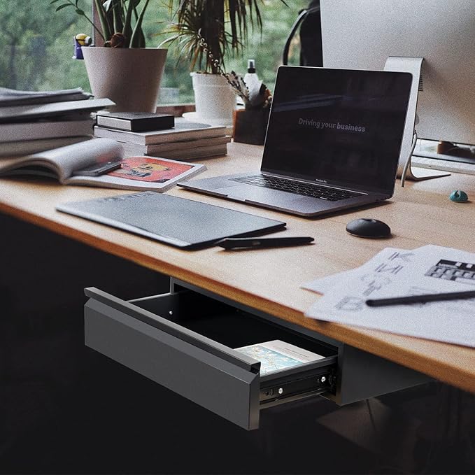 Under Desk Drawer 18", Pull-out Storage Organizer with Tall Brackets Mounted Under Wooden Table with a Max 2" Crossbar, Black_Tall Version