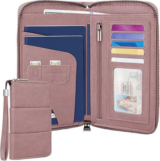 Family Passport Holder Wallet with Zipper, RFID Blocking Travel Document Organizer, PU Leather Passport Wallet for Women Men, Passport Cover Travel Wallet for Boarding Pass, ID, Money, Ticket