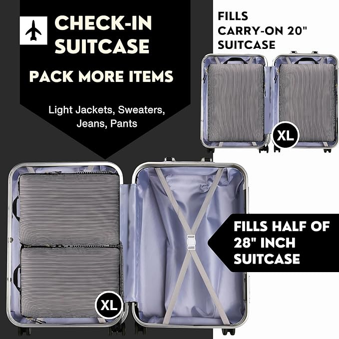 Extra Large Compression Packing Cubes for Checked Luggage, Lightweight Suitcase Organizers & Space Saver Bags - Travel Cubes for Packing - Travel Essentials - 2pc Set, X-Large - Black Stripe