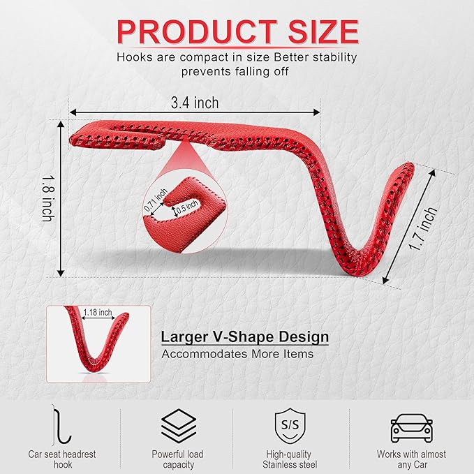 LivTee Red Superior Leather Car Seat Back Headrest Hook, Auto Seat Hook Hangers Interior Accessories for Purse Coats Umbrellas Grocery Bags Handbag, 2-Pack