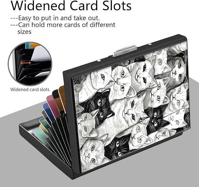 Credit Card Holder, Black White Art Cat Design Mini RFID Blocking Aluminum Wallet Slim Metal Hard Case Shell Travel Wallet ID Case Small Credit Cards Case Business Cards for Women Men Girls