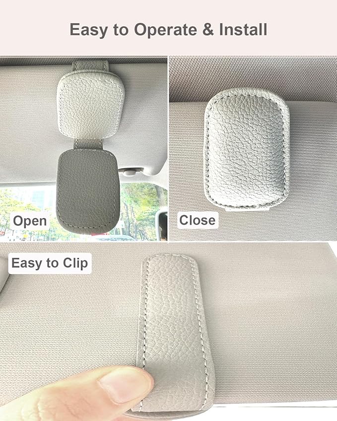 Car Visor Sunglasses Holder, 2 Pack Grey Strong Magnetic Leather Eye Glasses Hanger Clip, Auto Car Truck Sun Visor Accessories